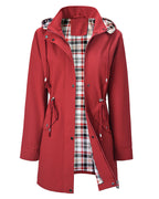 Women's long hooded coat with checked lining, zip front and drawstring waist