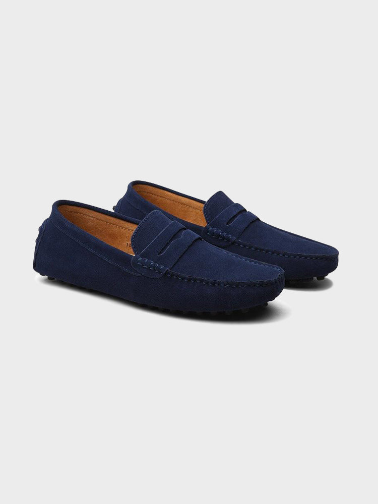 Men's suede boat loafers with rounded moc toe and penny strap detail