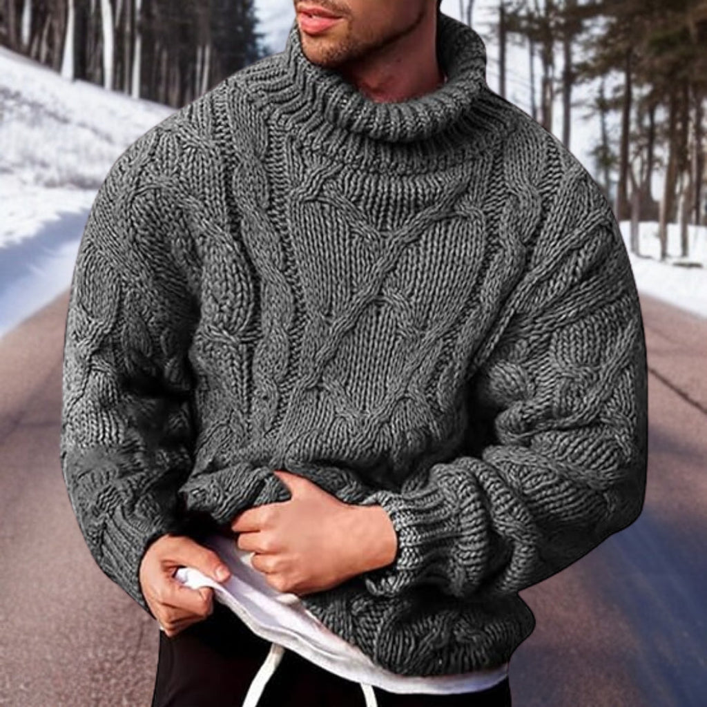 Men's cable knit roll neck jumper with long sleeves