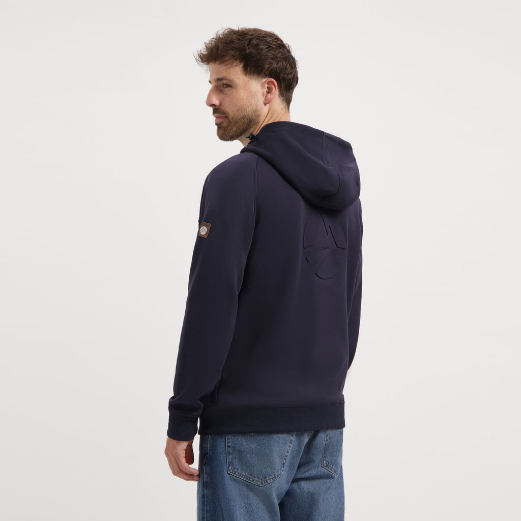 Men's navy hooded zip cardigan with long sleeves