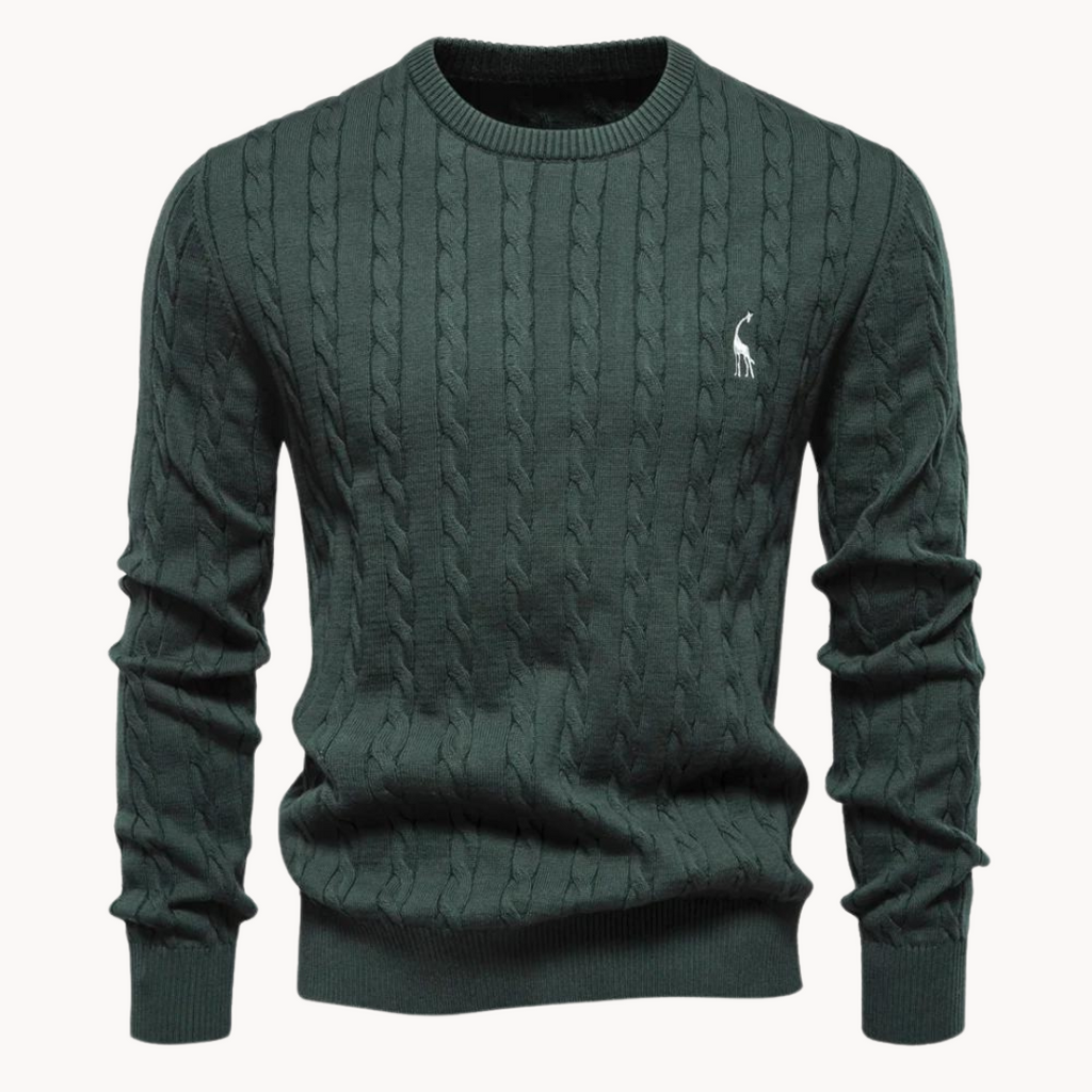 Men's cable-knit jumper with crew neck, long sleeves and chest emblem