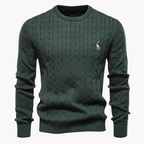 Men's cable-knit jumper with crew neck, long sleeves and chest emblem