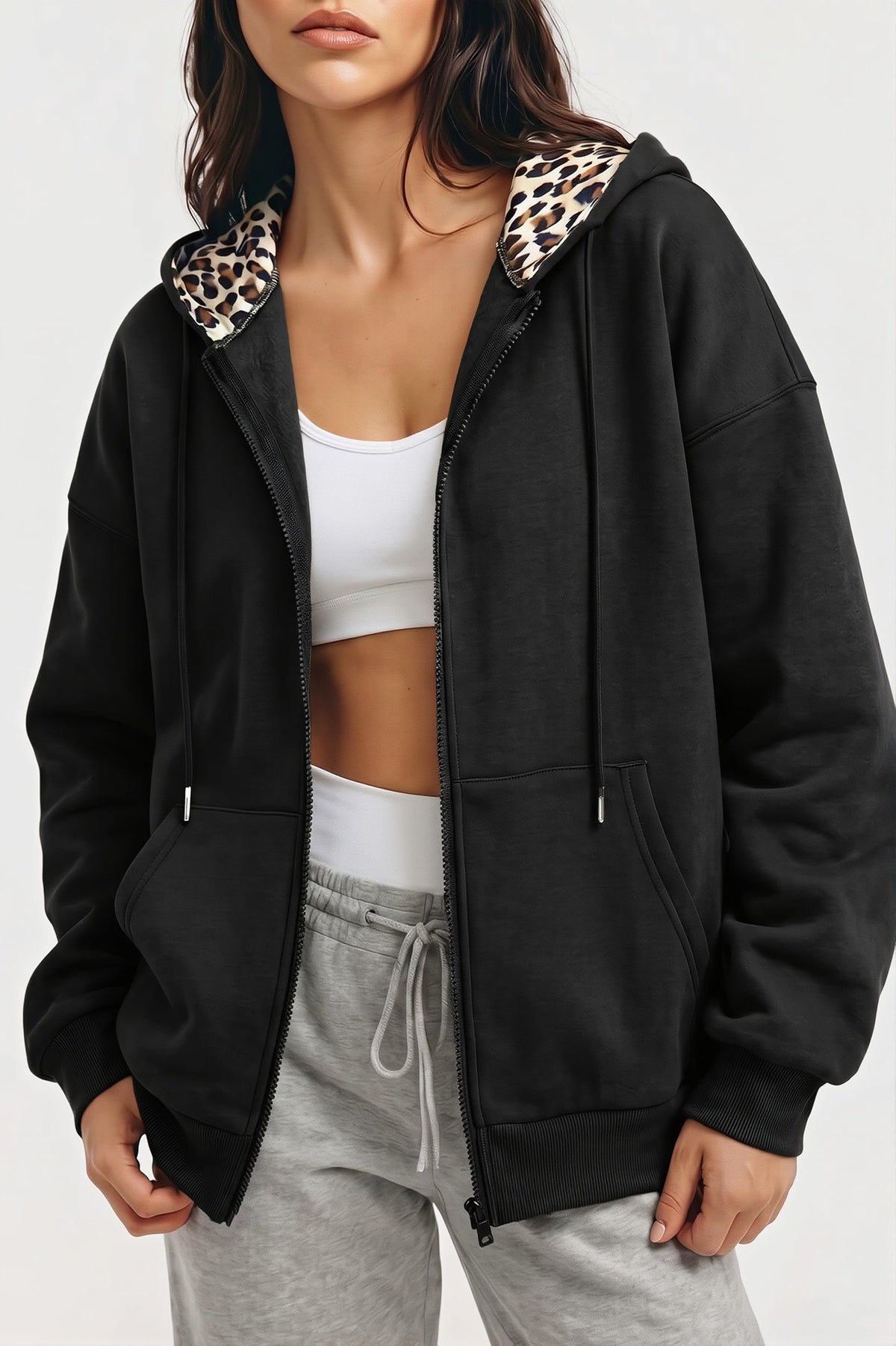 Women's oversized zip hoodie with leopard-lined hood and front pockets