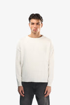 Men's off-white crew neck knit sweater with long sleeves