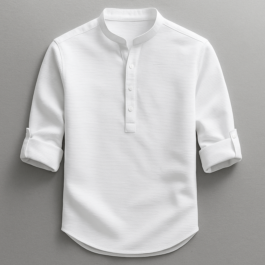 Men's textured Henley shirt with mandarin collar and button placket