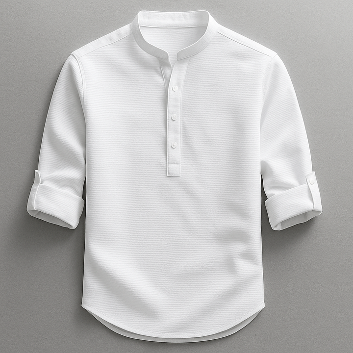 Men's textured Henley shirt with mandarin collar and button placket