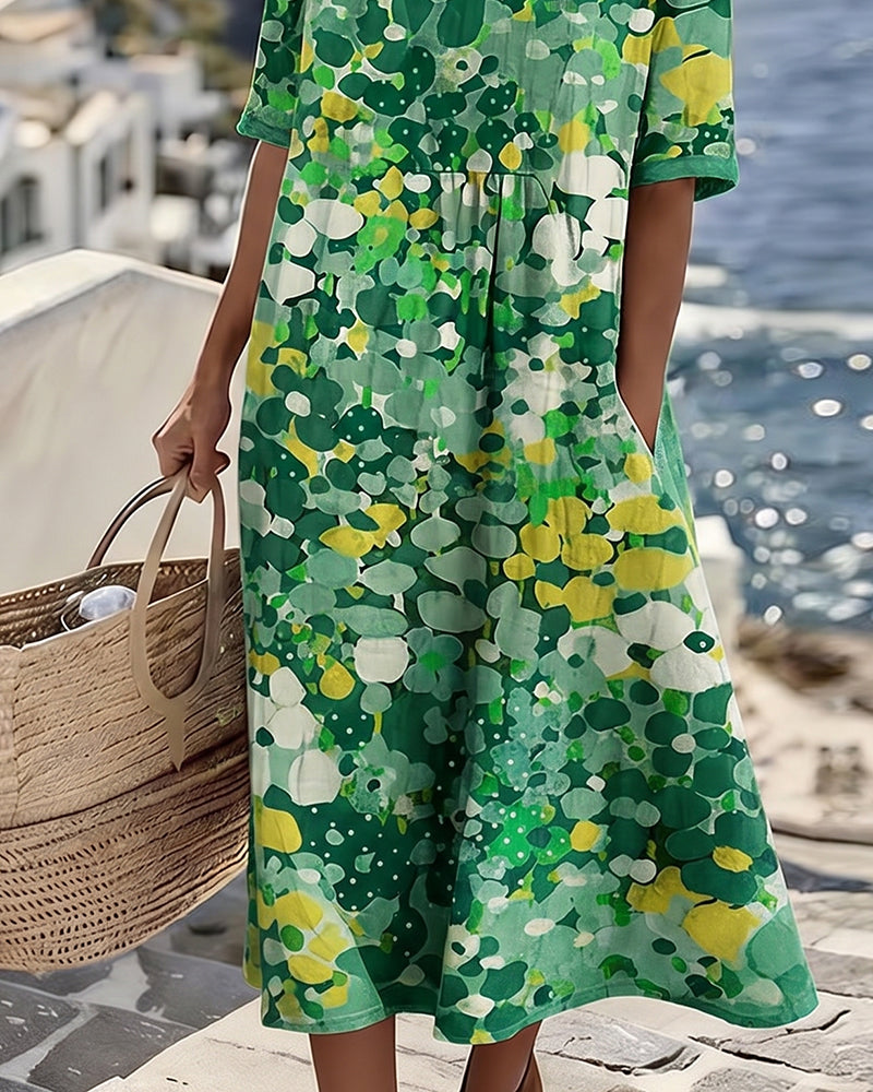 Women's multicolour floral print midi dress with round neck and 3/4 sleeves