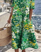 Women's multicolour floral print midi dress with round neck and 3/4 sleeves