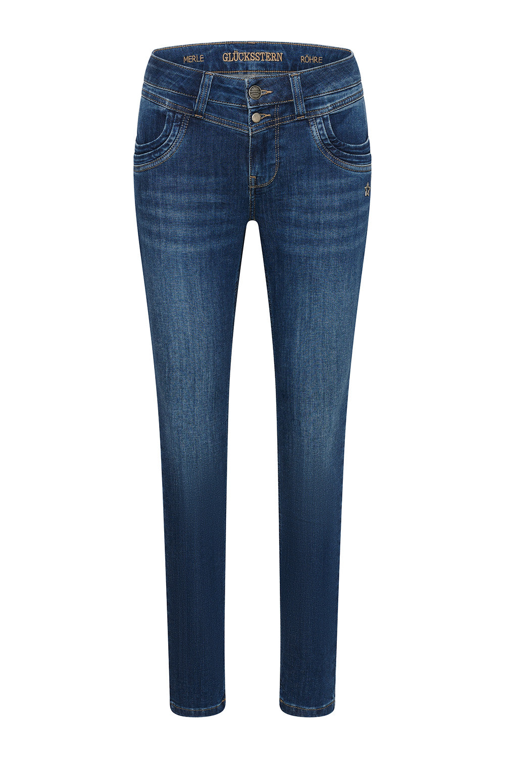 Women's blue slim fit jeans with mid-rise waist and ankle-length legs