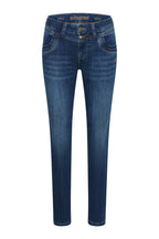 Women's blue slim fit jeans with mid-rise waist and ankle-length legs