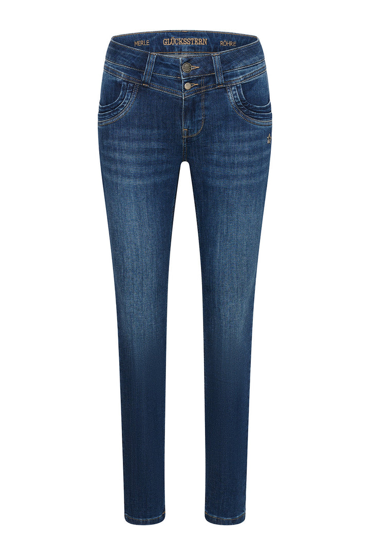 Women's blue slim fit jeans with mid-rise waist and ankle-length legs
