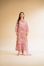 Women's pink floral three-piece suit with long sleeve tunic and scarf