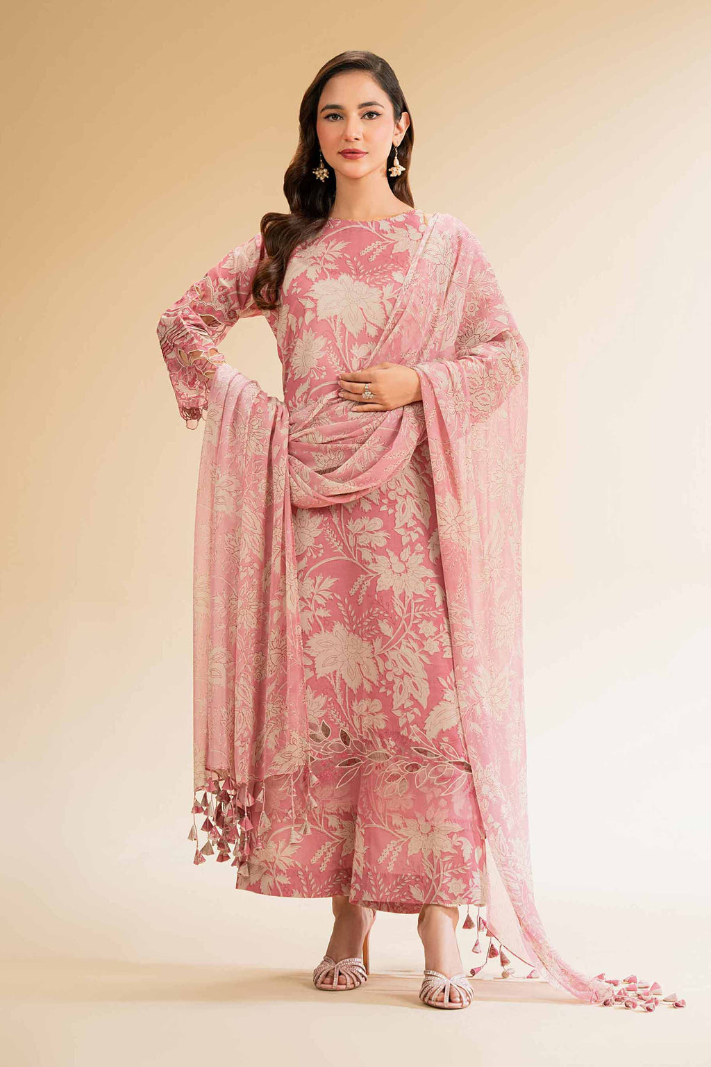 Women's pink floral three-piece suit with long sleeve tunic and scarf
