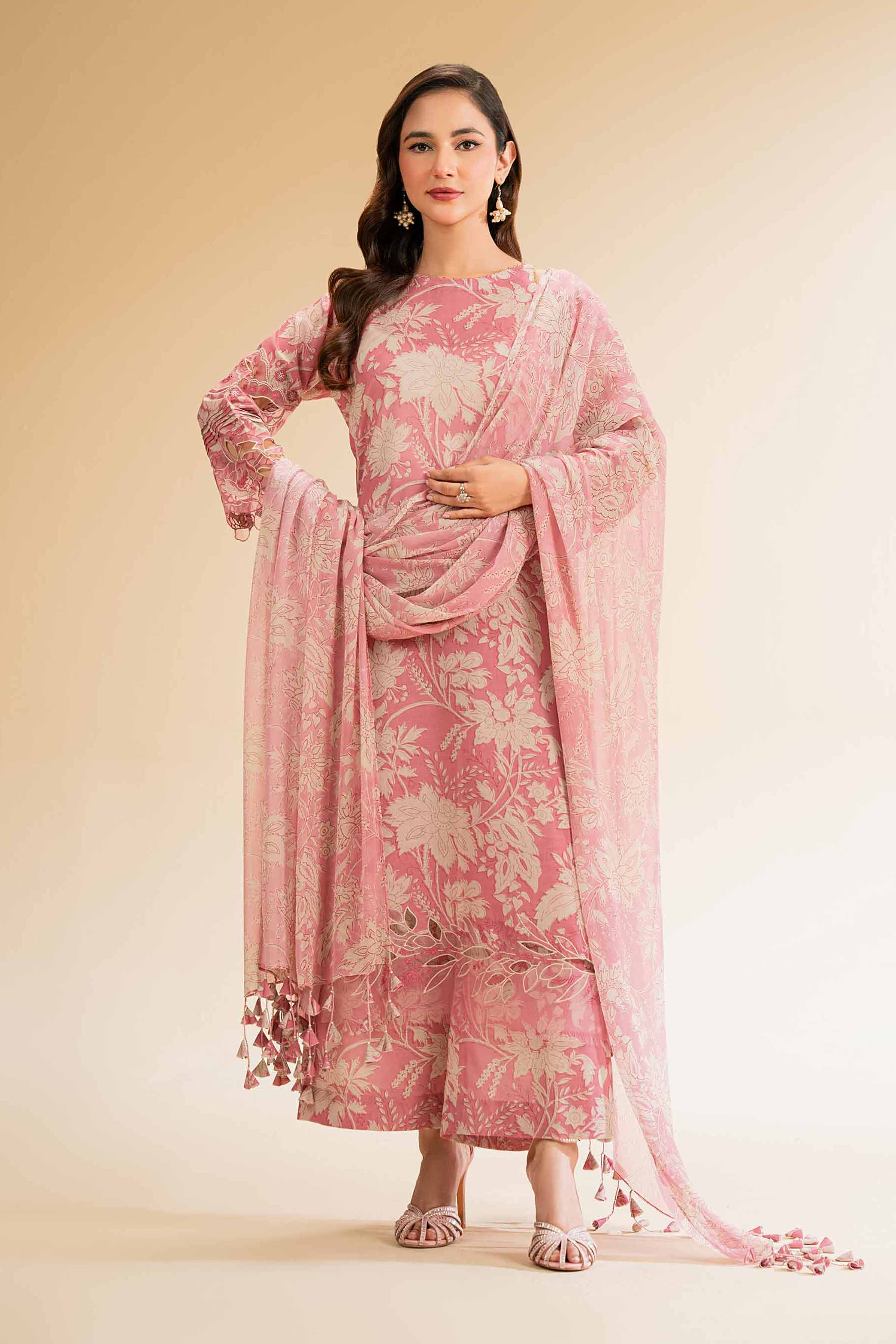 Women's pink floral three-piece suit with long sleeve tunic and scarf