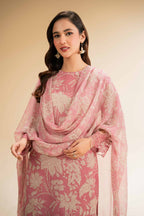 Women's pink floral three-piece suit with long sleeve tunic and scarf