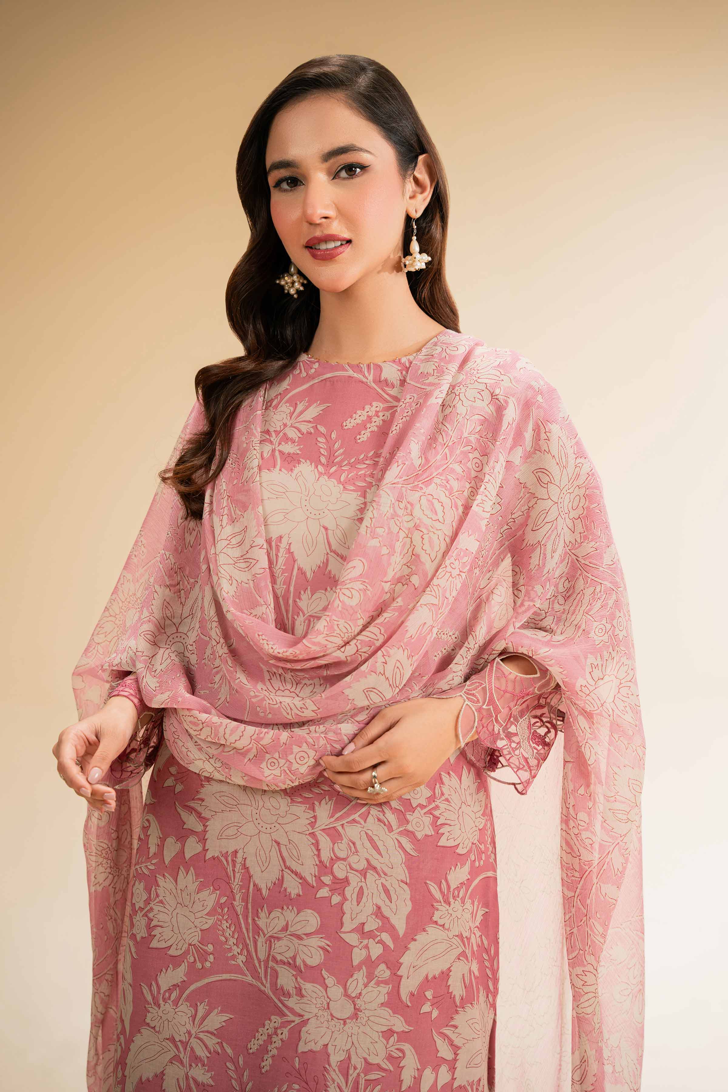 Women's pink floral three-piece suit with long sleeve tunic and scarf