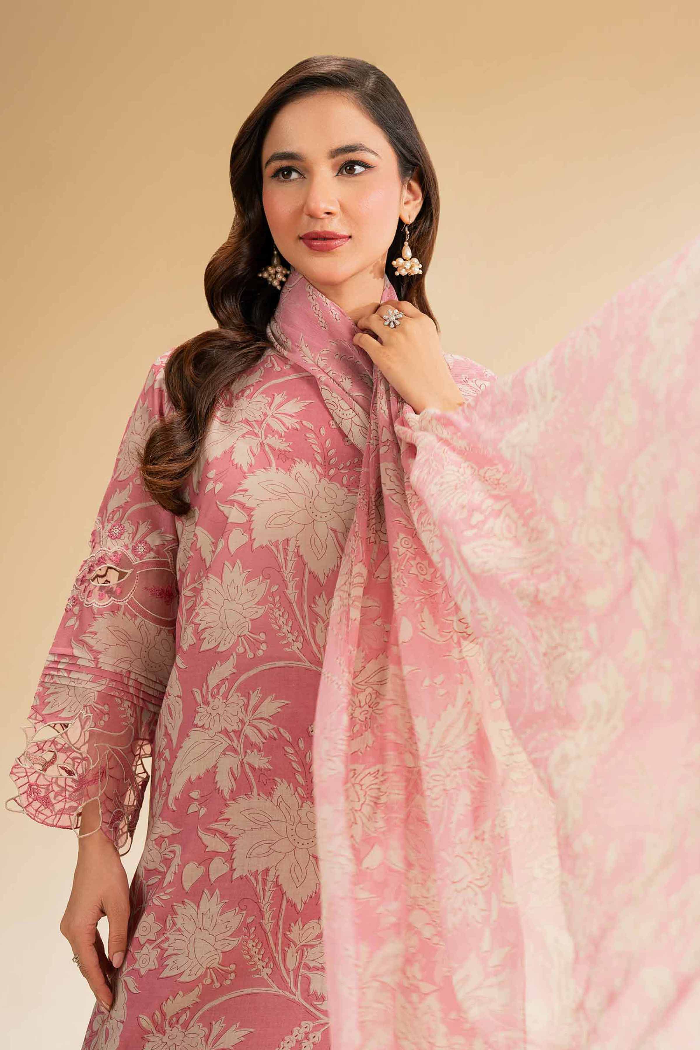 Women's pink floral three-piece suit with long sleeve tunic and scarf