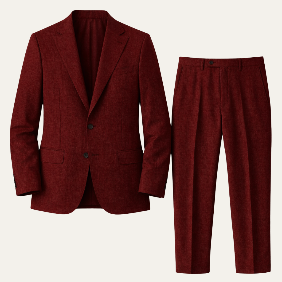 Men's two-piece single-breasted suit with notched lapels and tailored trousers