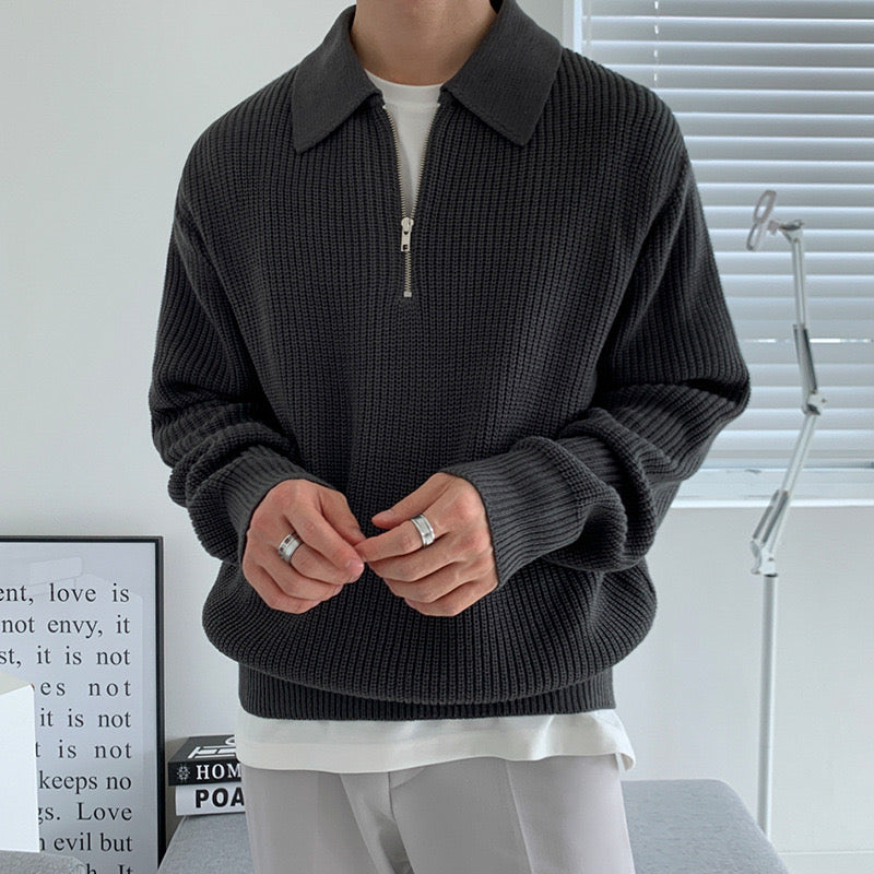 Men's ribbed half-zip sweater with pointed collar in grey and black options