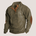 Men's ribbed collared sweatshirt with button placket and contrast elbow patches