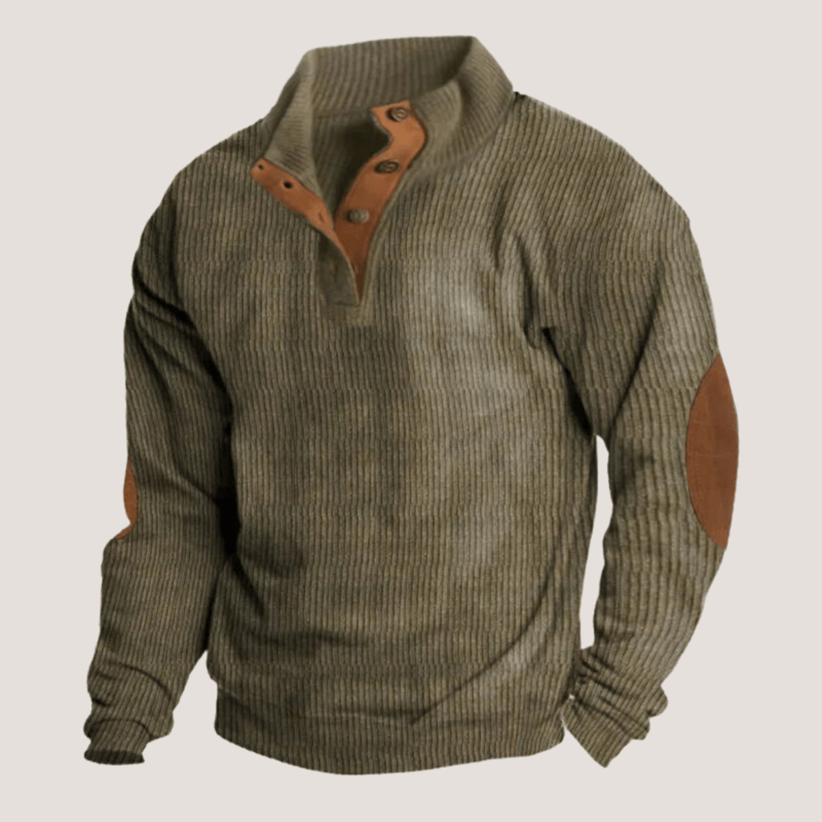 Men's ribbed collared sweatshirt with button placket and contrast elbow patches