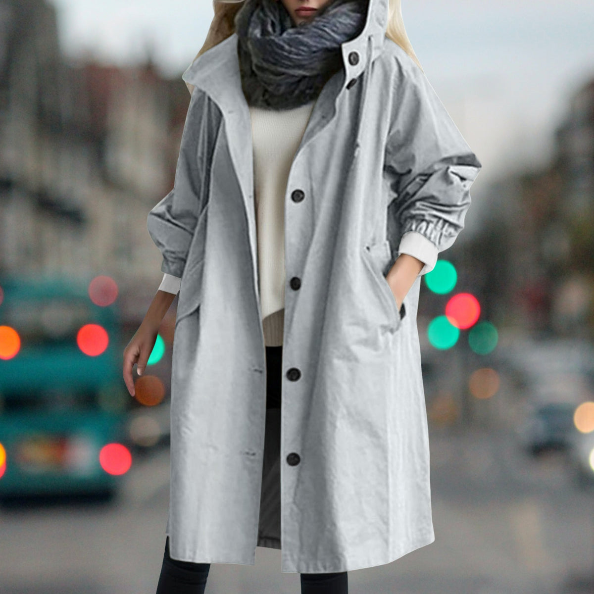 Women's longline hooded rain coat with button front and side pockets