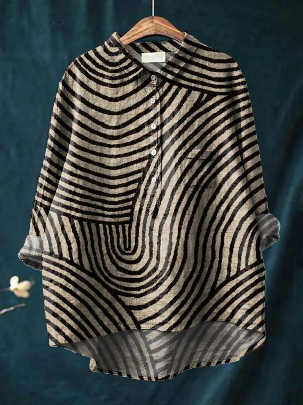 Women's abstract black and light striped shirt with button front