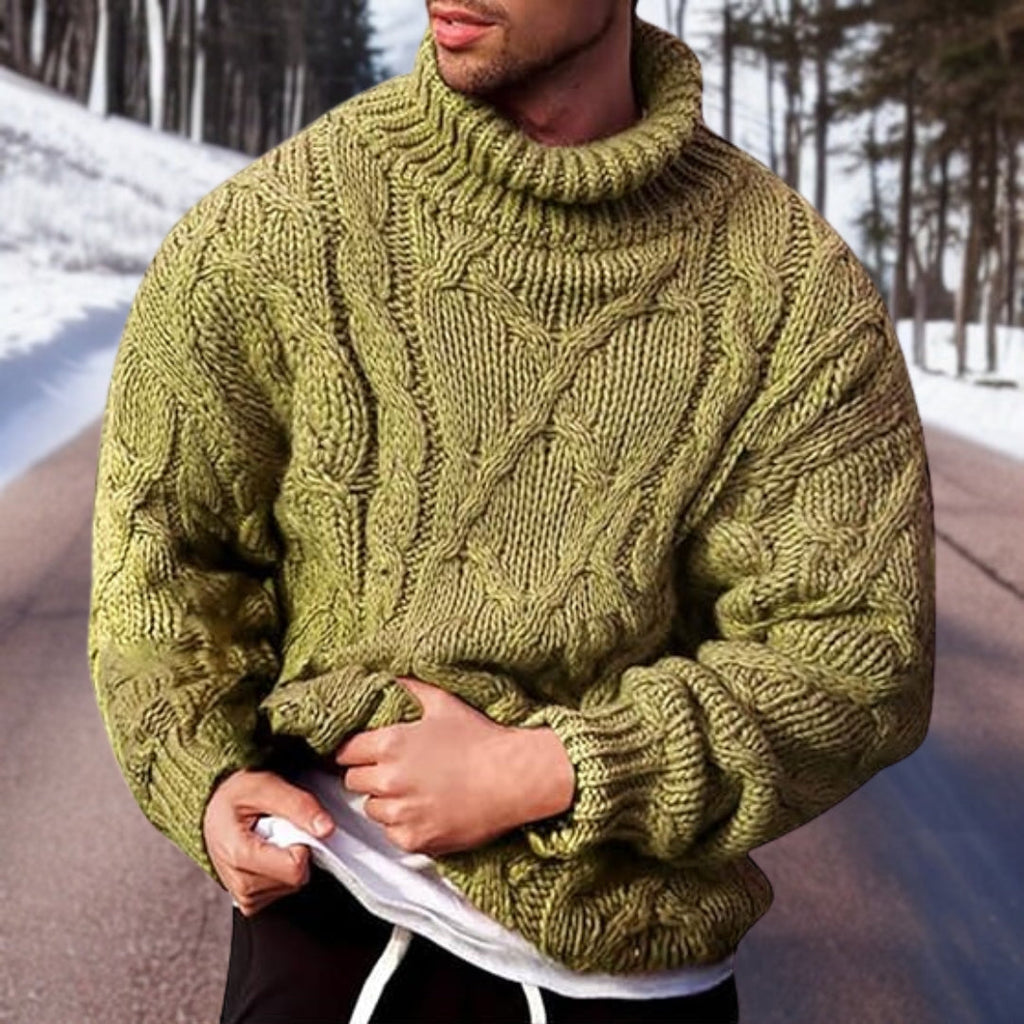 Men's cable knit roll neck jumper with long sleeves