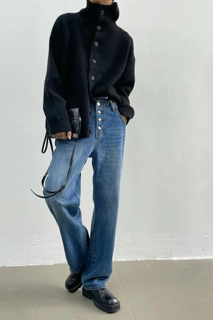 Women's ribbed button-front cardigan with mock neck and long sleeves