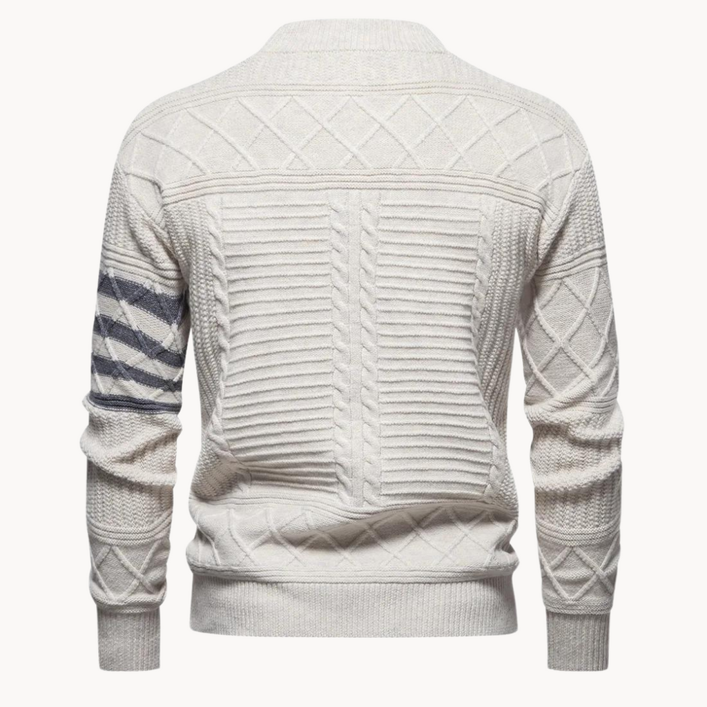 Men's cable knit crew neck jumper with patterned sleeves