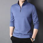 Men's plain long-sleeved quarter-zip sweater with a raised mock neck