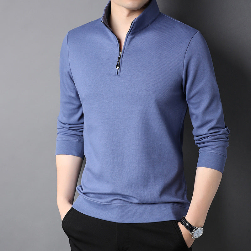 Men's plain long-sleeved quarter-zip sweater with a raised mock neck