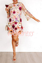 Women's pink floral mini dress with round neckline and 3/4 sleeves