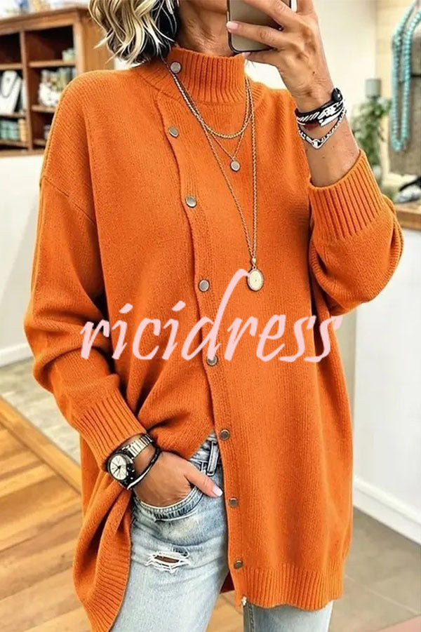 Women's ribbed turtleneck button-down longline jumper
