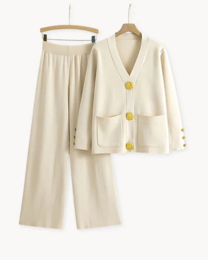 Women's V-neck cardigan and wide-leg trouser set with button details and front pockets