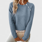 Women's long-sleeve crew neck jumper with shoulder buttons and cropped hem