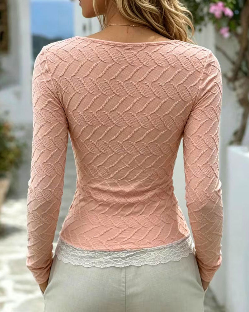 Women's pink fitted square neck top with long sleeves and lace trim
