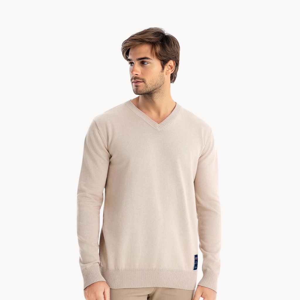 Men's long-sleeve V-neck sweater with ribbed trims