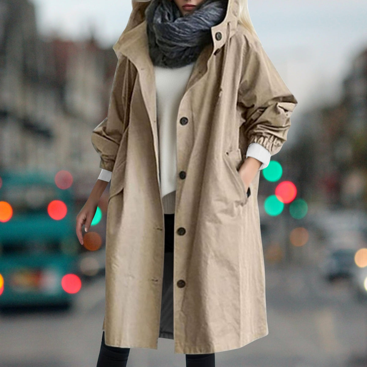 Women's longline hooded rain coat with button front and side pockets