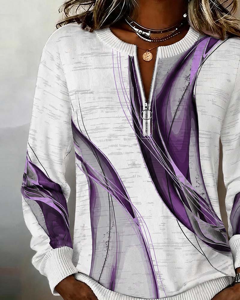 Women's abstract zip-up sweatshirt with ribbed trims and long sleeves
