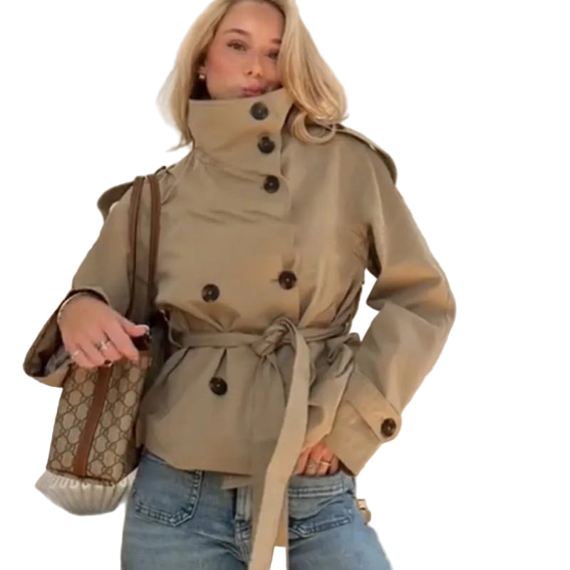 Women's short belted trench coat with high collar and long sleeves