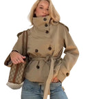 Women's short belted trench coat with high collar and long sleeves