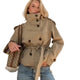 Women's short belted trench coat with high collar and long sleeves
