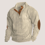 Men's ribbed collared sweatshirt with button placket and contrast elbow patches