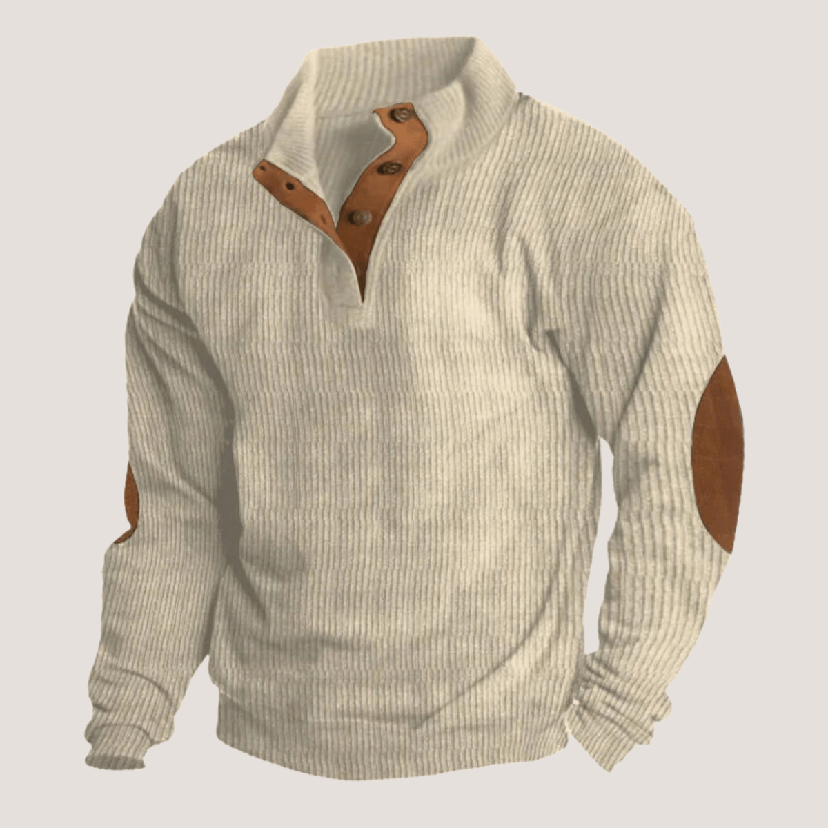 Men's ribbed collared sweatshirt with button placket and contrast elbow patches