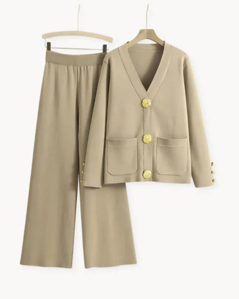 Women's V-neck cardigan and wide-leg trouser set with button details and front pockets