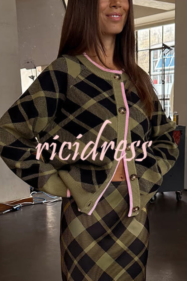 Women's green plaid cardigan with pink trim and buttons