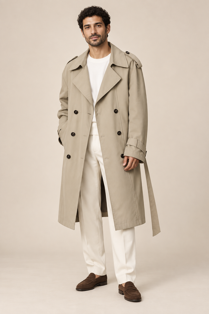 Men's beige double-breasted trench coat with a waist belt and epaulettes
