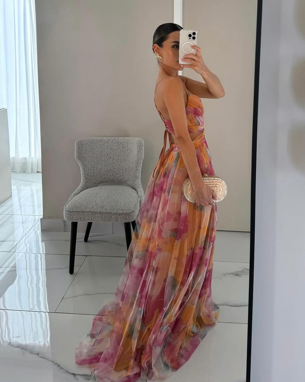 Women's abstract maxi dress with V-neckline and spaghetti straps