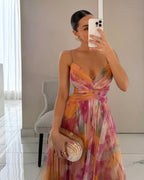 Women's abstract maxi dress with V-neckline and spaghetti straps